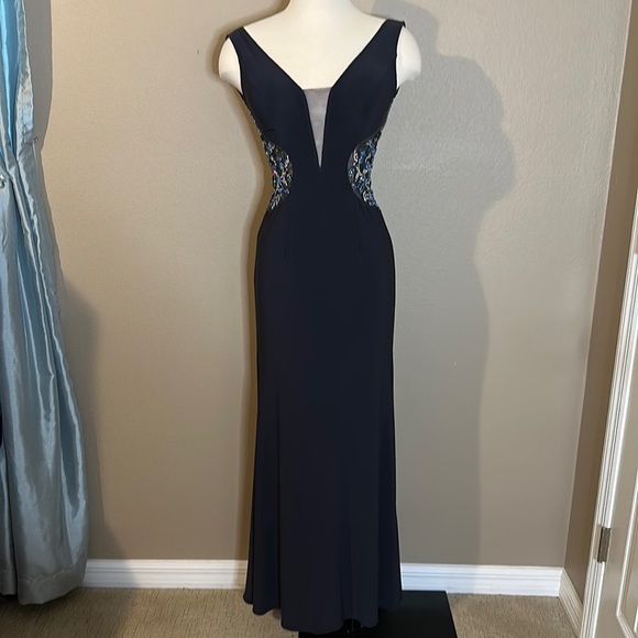 JOVANI Navy Plunging Neckline Gown with Gorgeous Rhinestone Detailing Size 2 - Picture 2 of 16